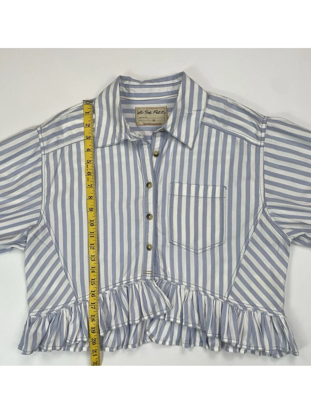 Free People We The Free Bailey Stripe Shirt Blue Cropped Ruffle Blouse XS - Picture 7 of 8